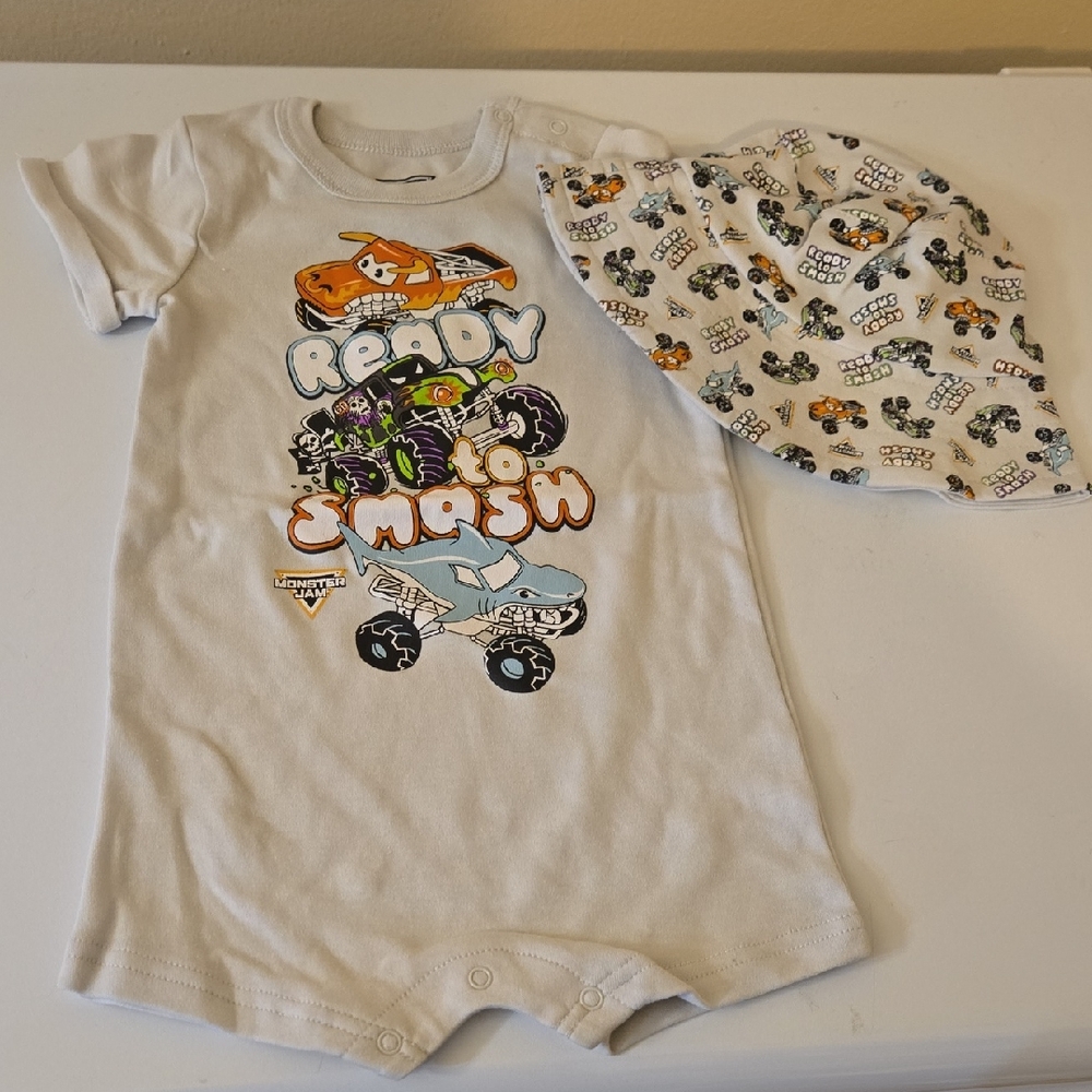 Monster Jam Onesie and Bucket Hat Set with Monster Truck Print sz 18M